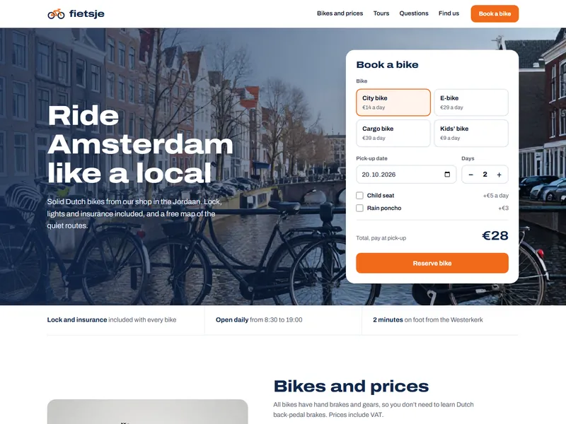 Сайт Fietsje - прокат велосипедов, Амстердам, Нидерланды