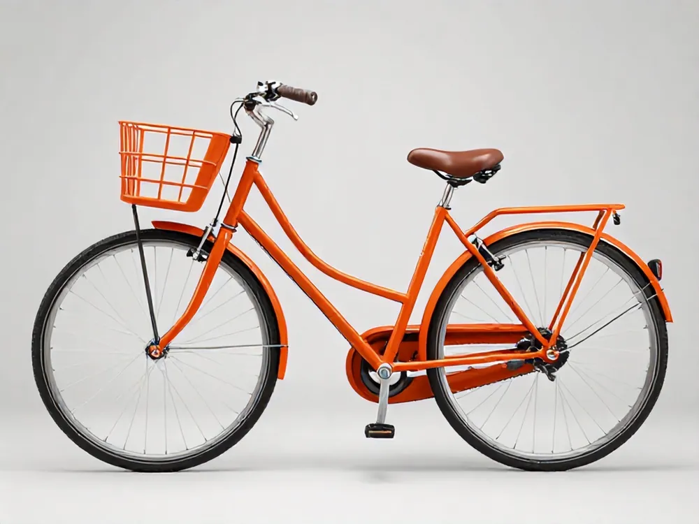 An orange city bike with a front basket