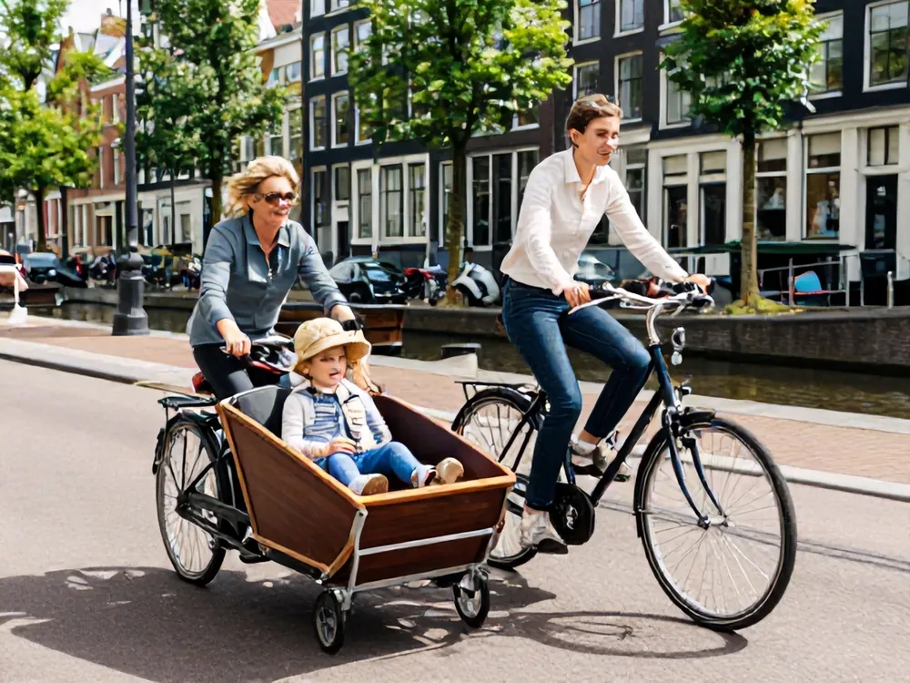 A family riding a wooden cargo bike with two children in the front box
