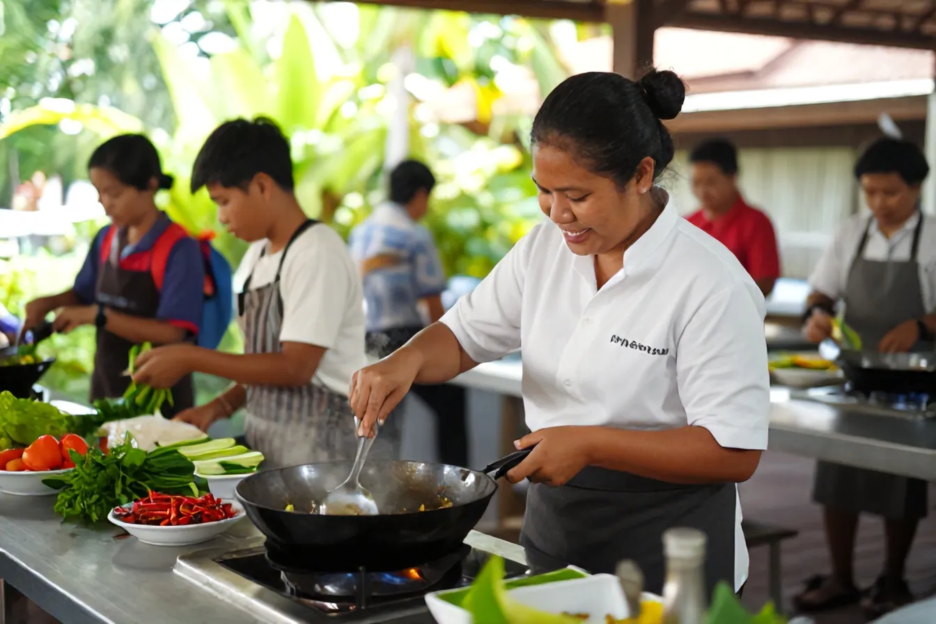 Chef Noi showing students how to stir-fry in a wok in the open-air kitchen