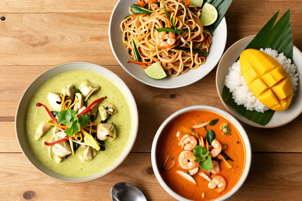 Green curry, pad thai, tom yum and mango sticky rice on a wooden table