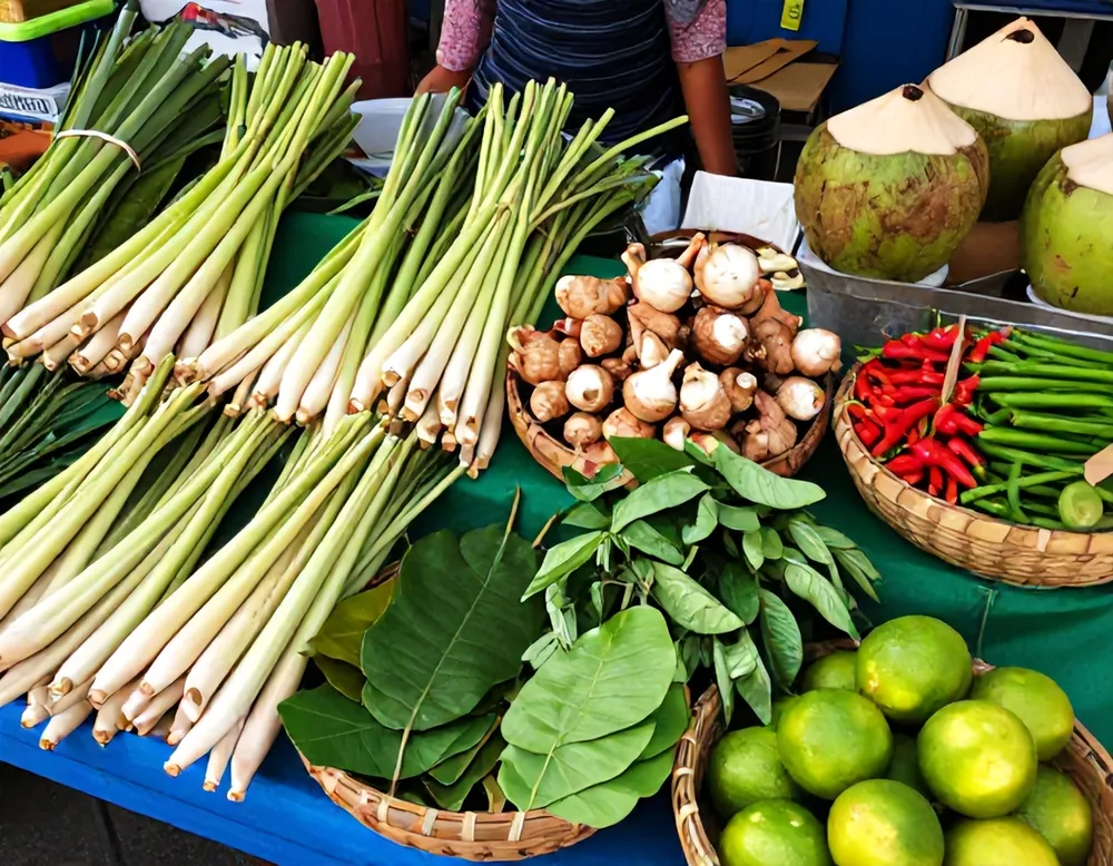 Lemongrass, galangal, chillies and limes at a market stall