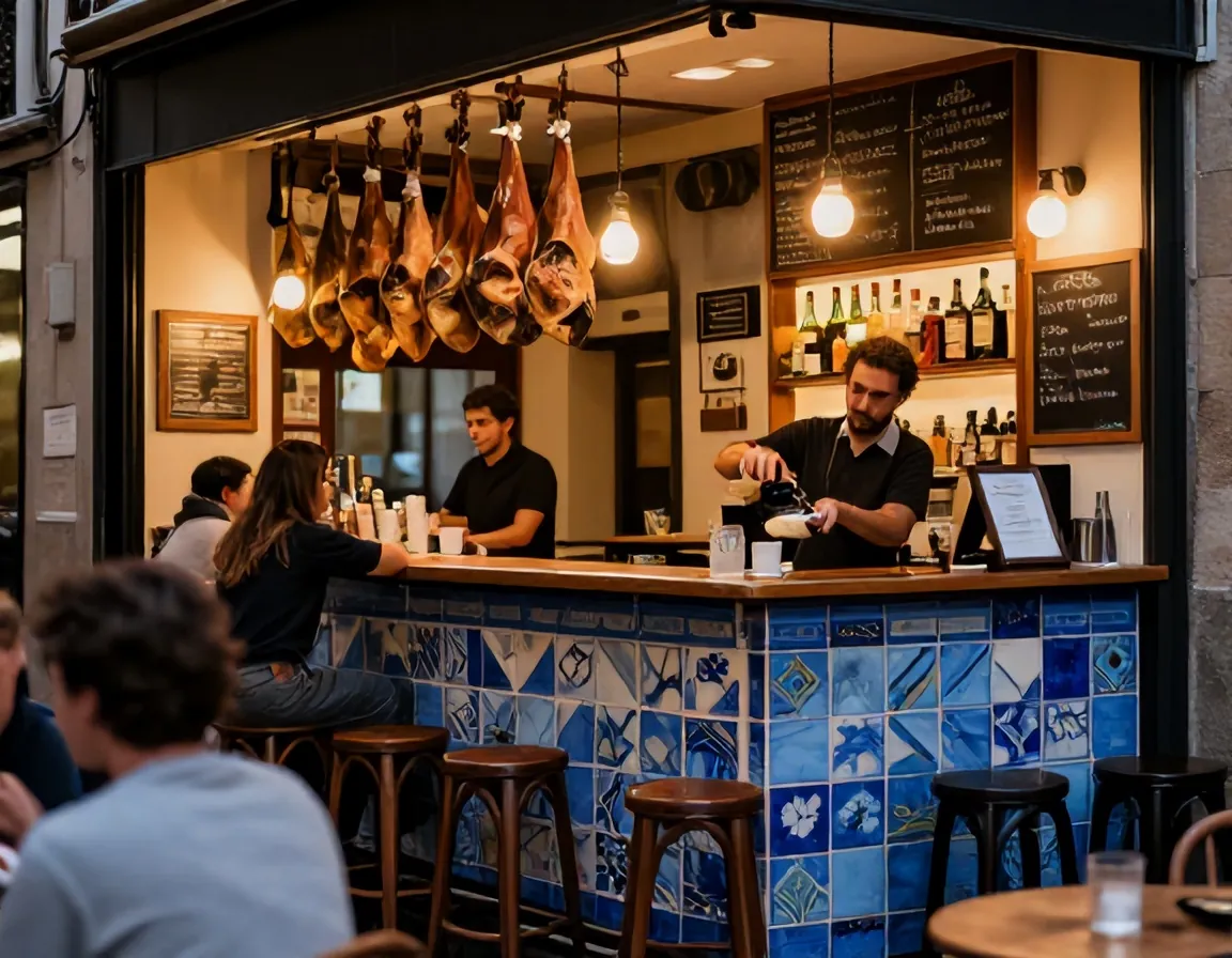 The tiled bar at Casa Llum in the evening, with hams hanging and a bartender pouring vermut