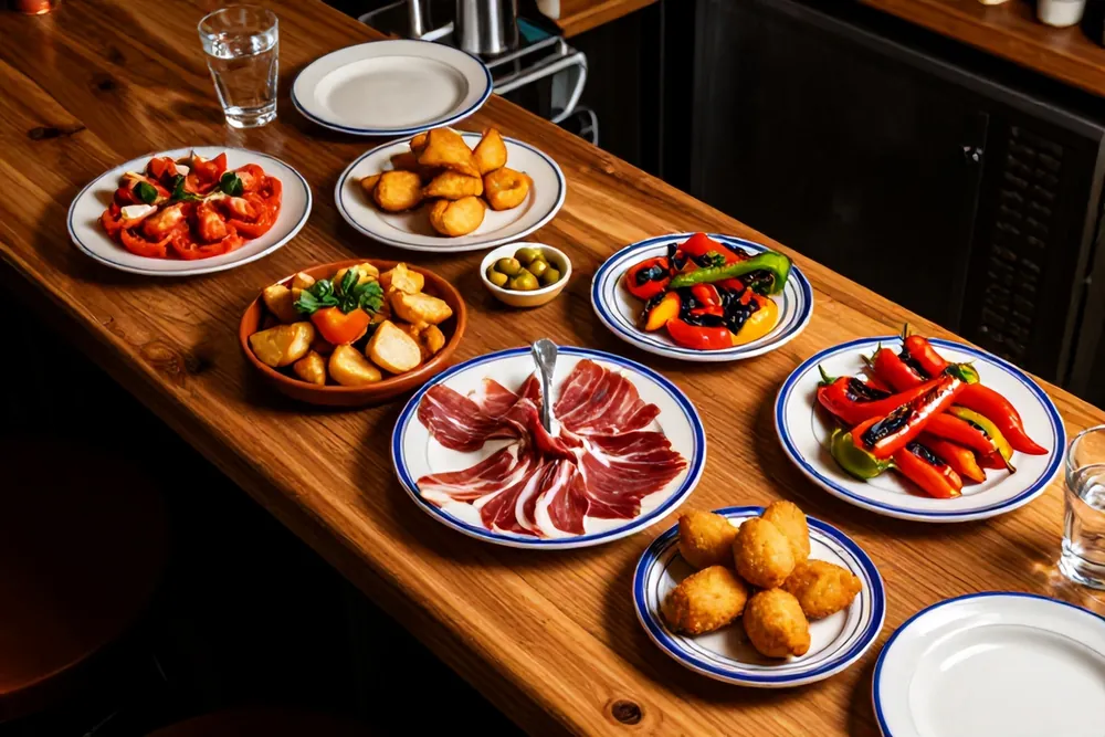 Tapas on the bar: bravas, ham, peppers and croquetas