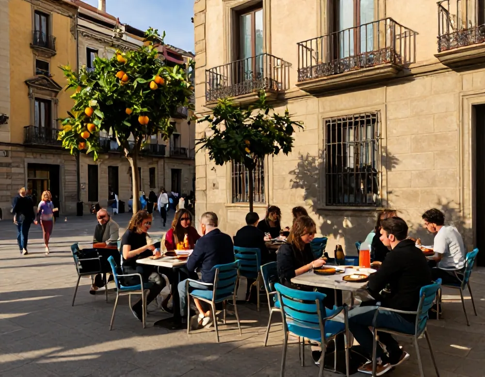 People sharing plates on the terrace in a sunny square with orange trees