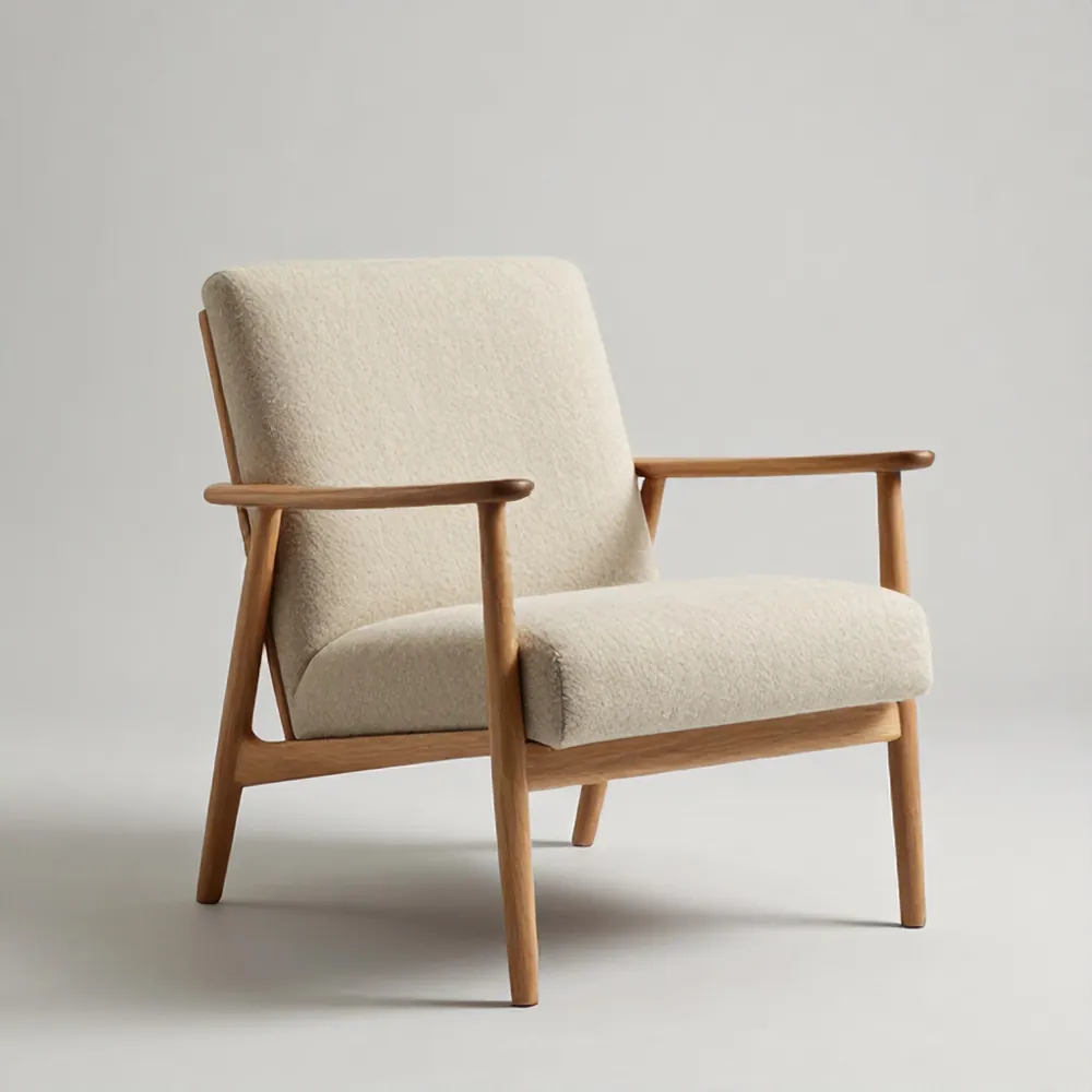 Lounge chair with an oak frame and an oatmeal wool cushion