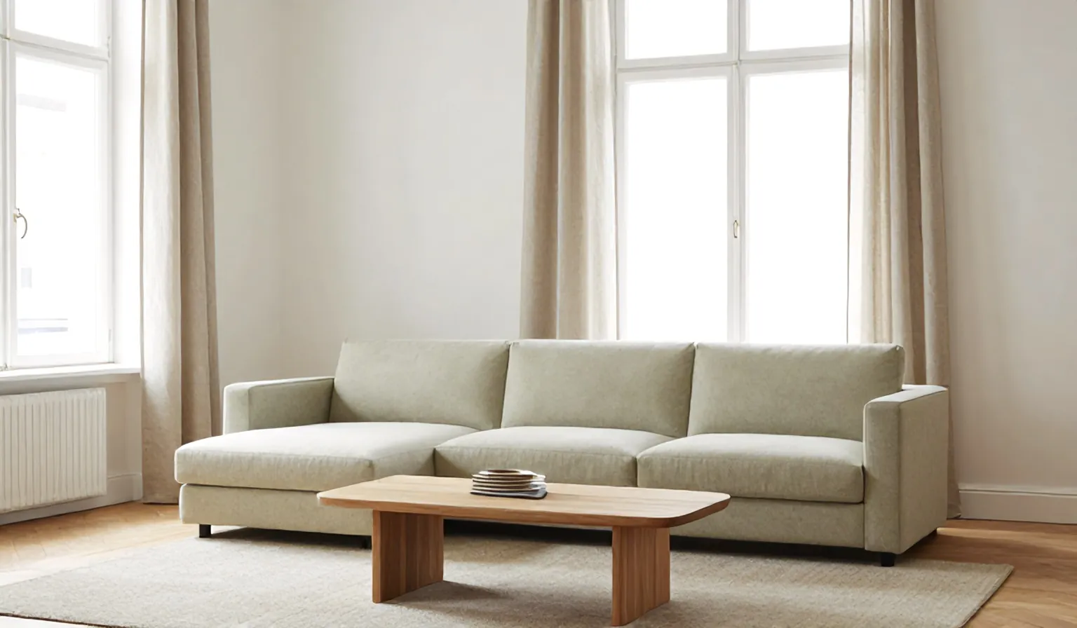 A pale sage sofa and an oak coffee table in a bright Copenhagen living room