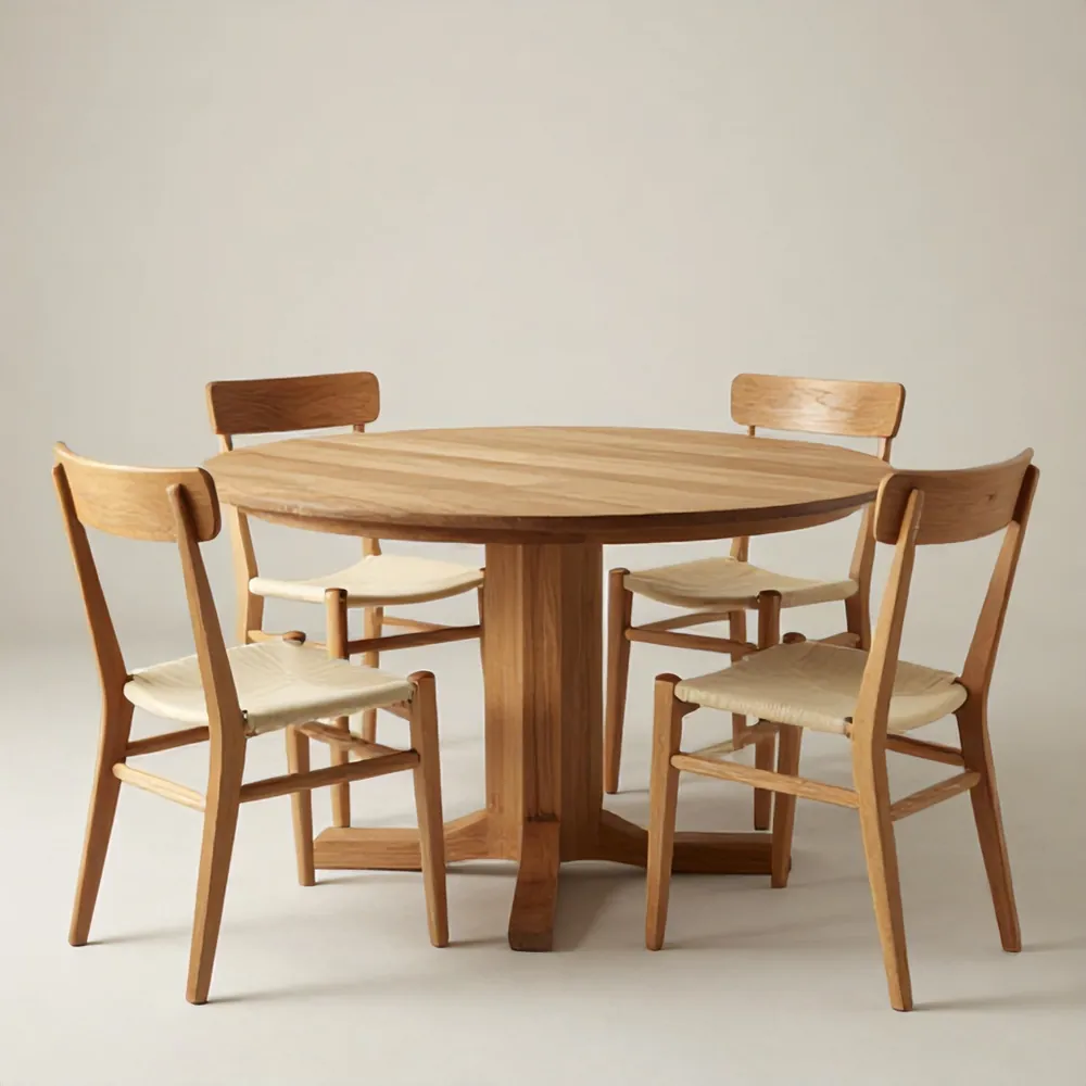 Round oak dining table with four paper cord chairs