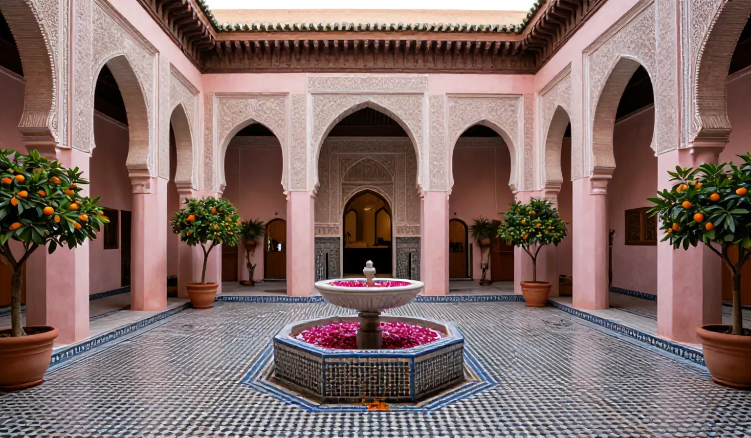 The riad courtyard with a tiled fountain, carved arches and orange trees
