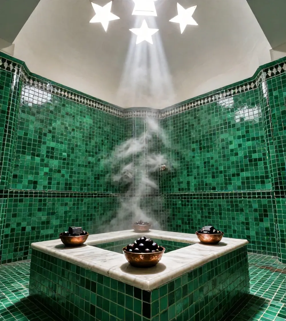 The green-tiled hammam with light falling from star-shaped skylights