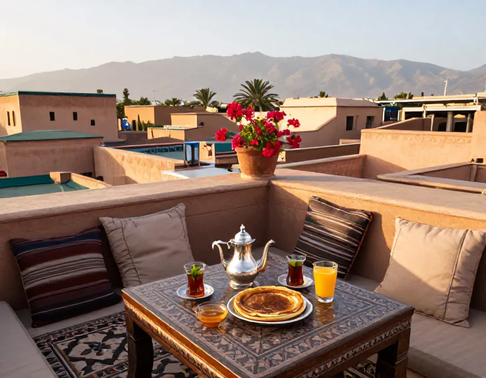 Breakfast with mint tea on the roof terrace, with the Atlas mountains in the distance