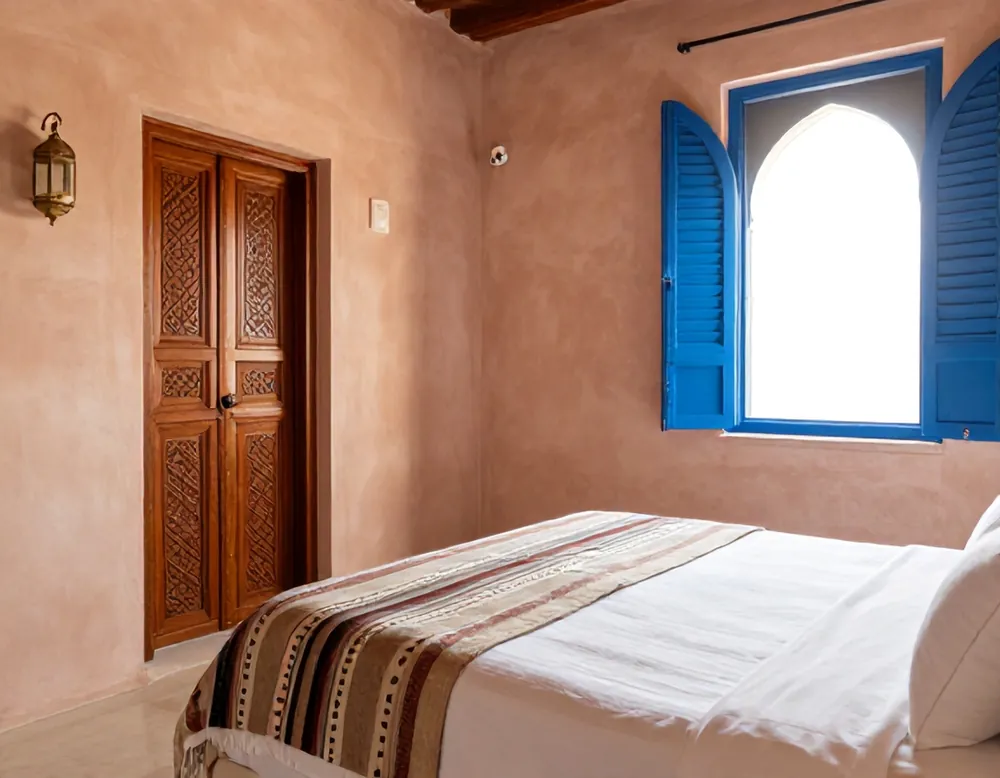 A room with a white bed, a Berber blanket and a window with blue shutters