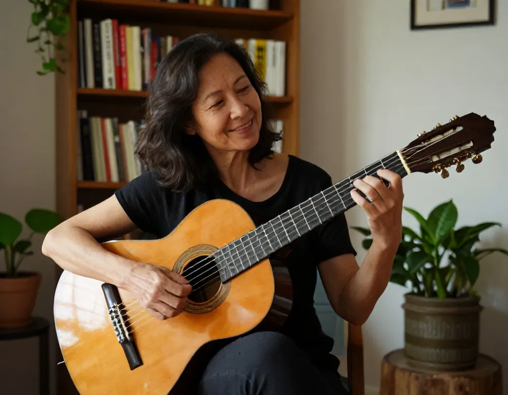 An adult student playing classical guitar