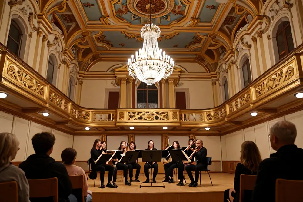 A student string quartet performing in the Baroque concert hall