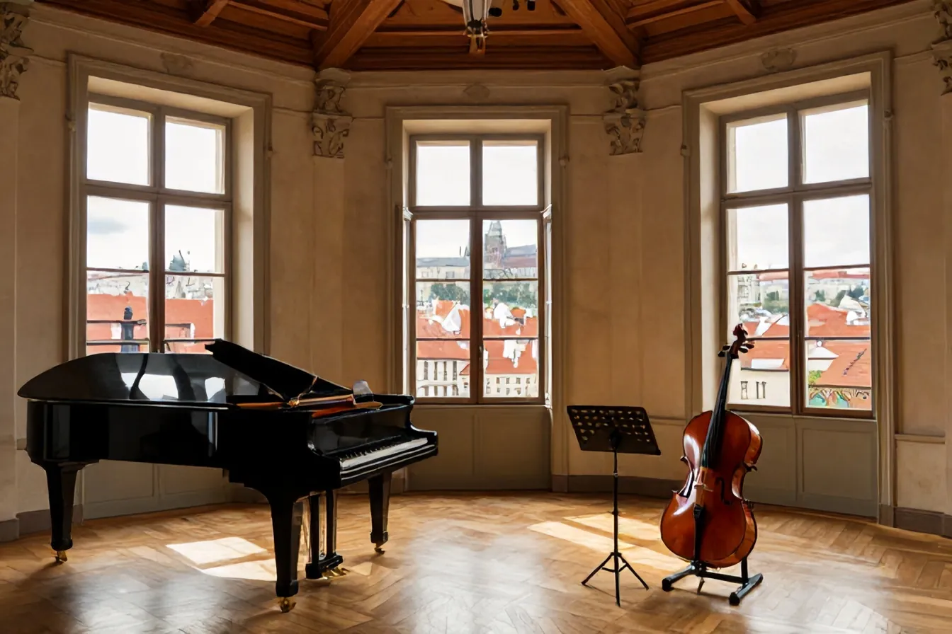 The music room with a grand piano and tall windows overlooking Prague Castle
