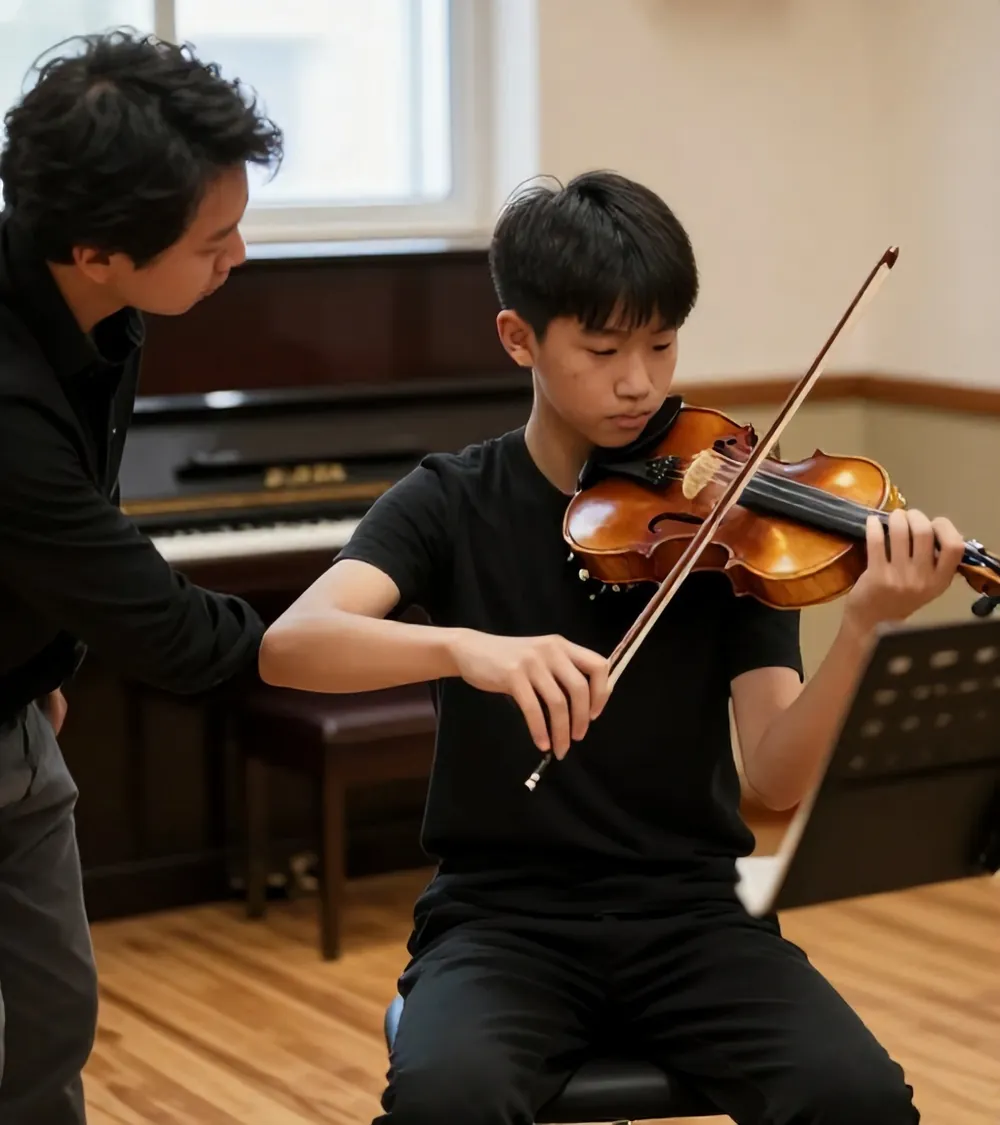 A teacher adjusting a teenage student’s bow hold