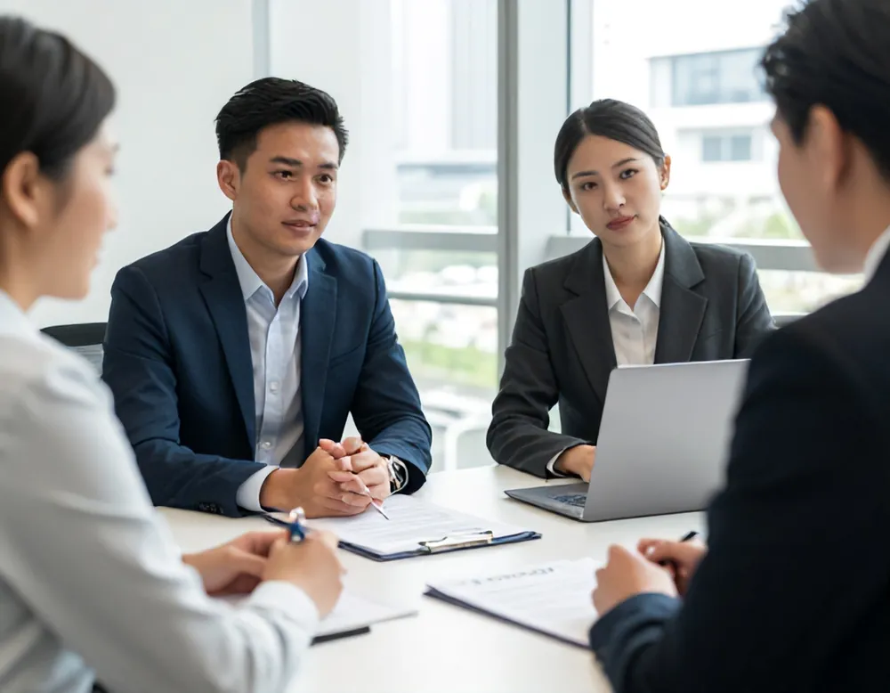 Two founders discussing a contract with a lawyer