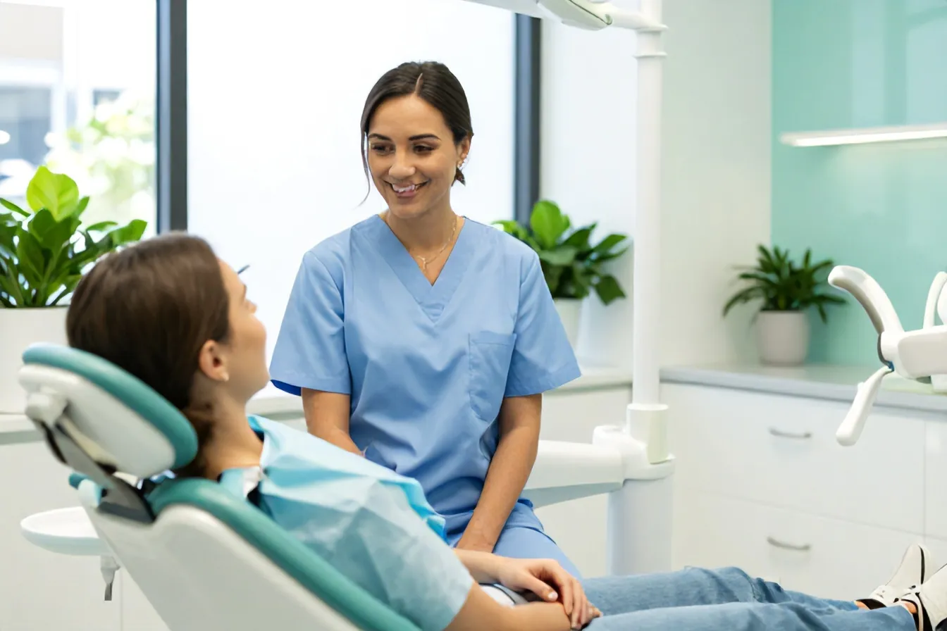 A dentist talking with a relaxed patient in a bright treatment room