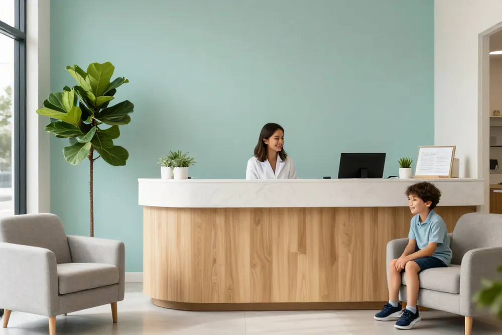 A calm reception with armchairs and plants, a mother and son waiting