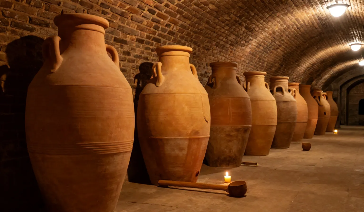 Clay qvevri vessels in a vaulted brick cellar lit by candles