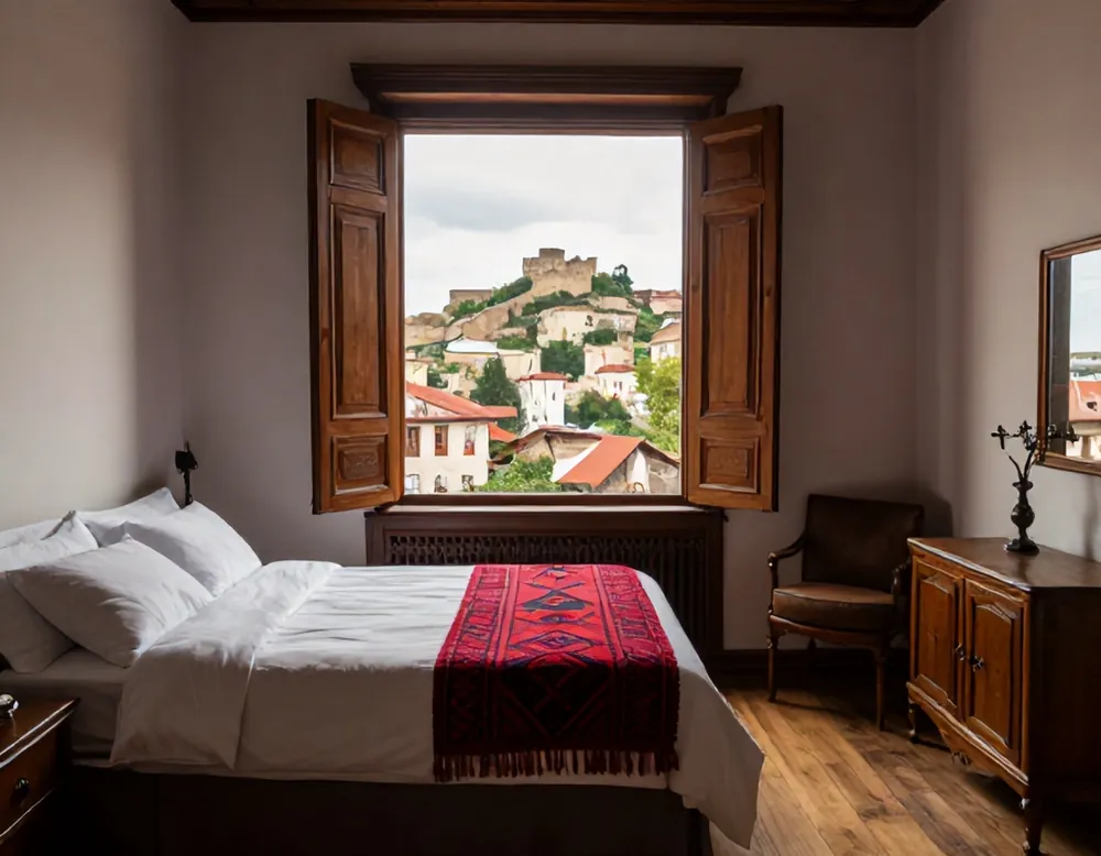 A guest room with an open balcony door and a view of the old town and Narikala fortress