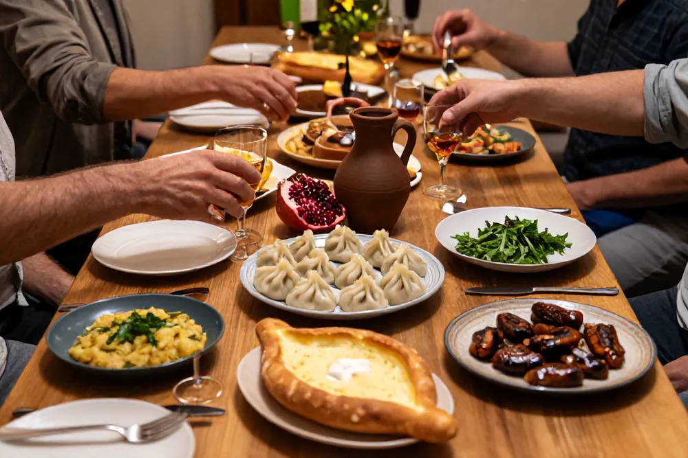 A long table with khachapuri, khinkali, grilled meat and clay jugs of wine