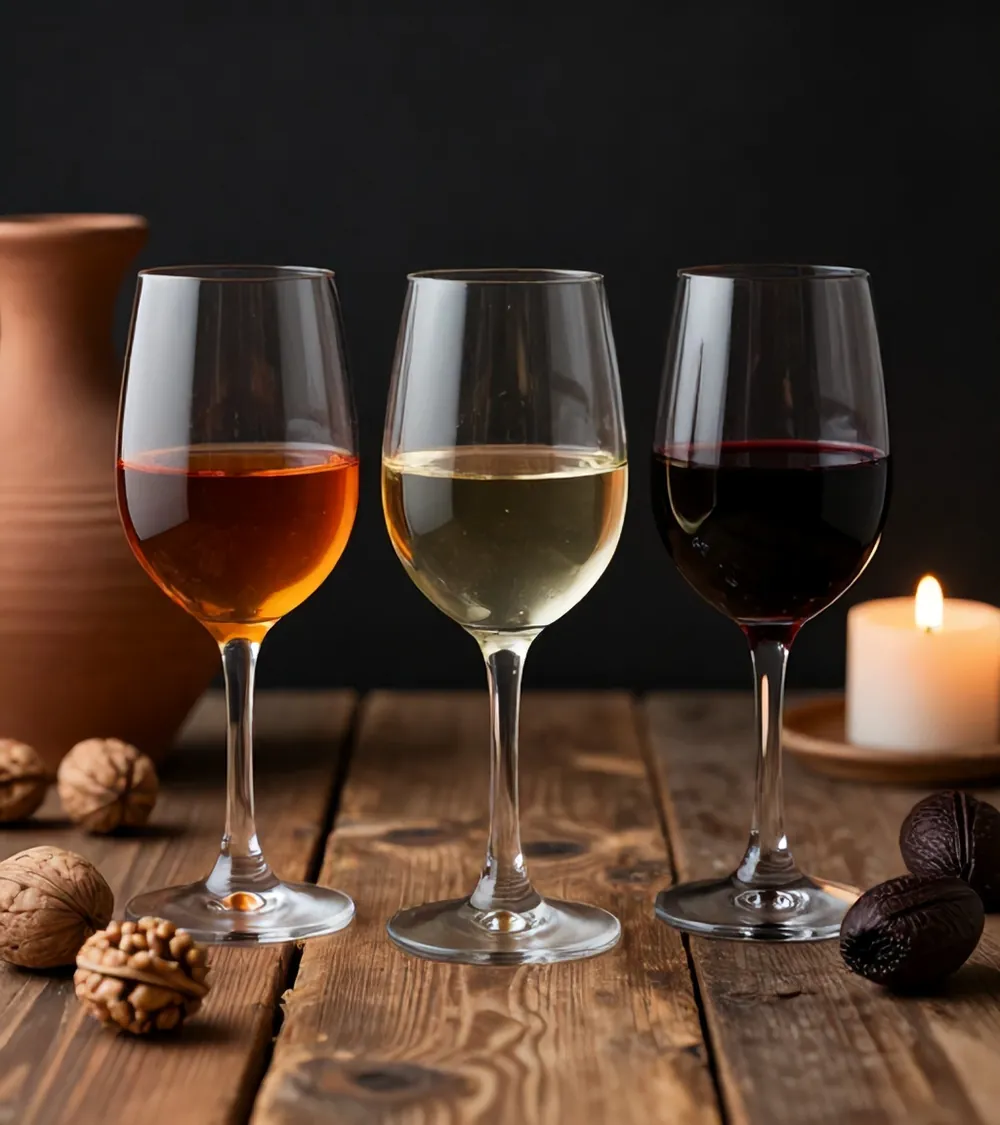 Glasses of amber, white and red Georgian wine with walnuts and churchkhela