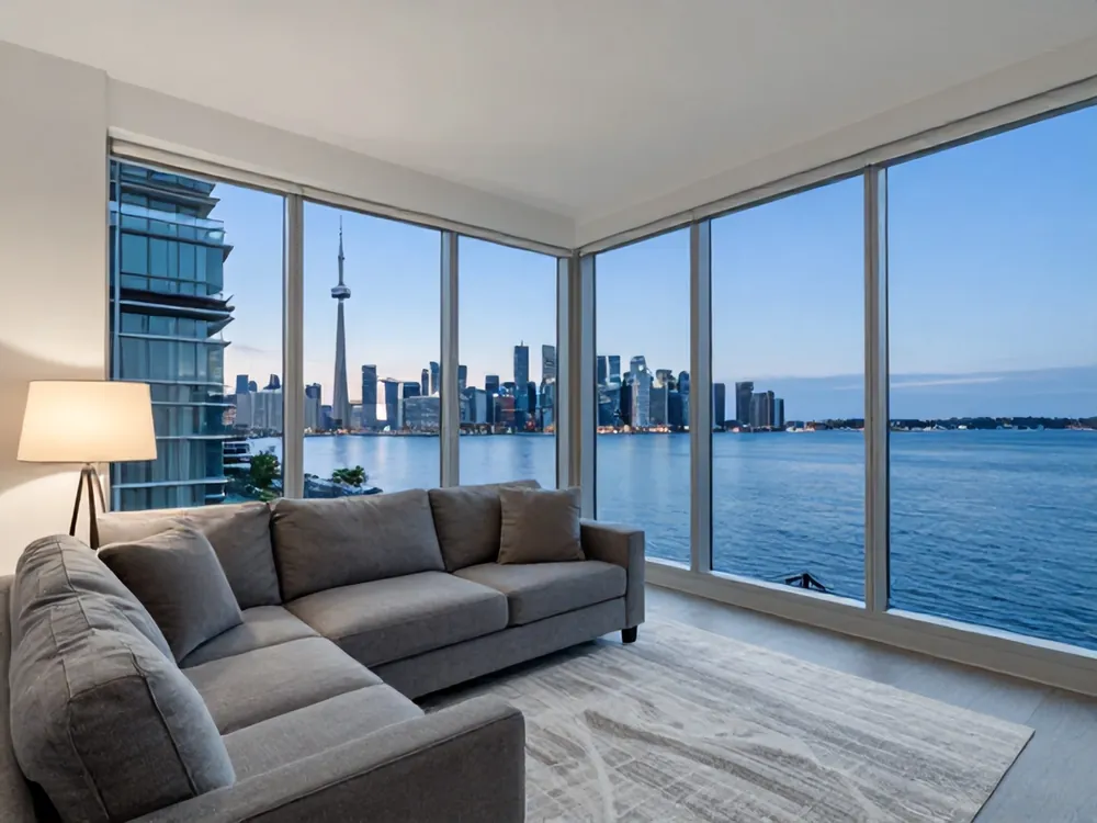 Condo living room with a view of the Toronto skyline and the lake