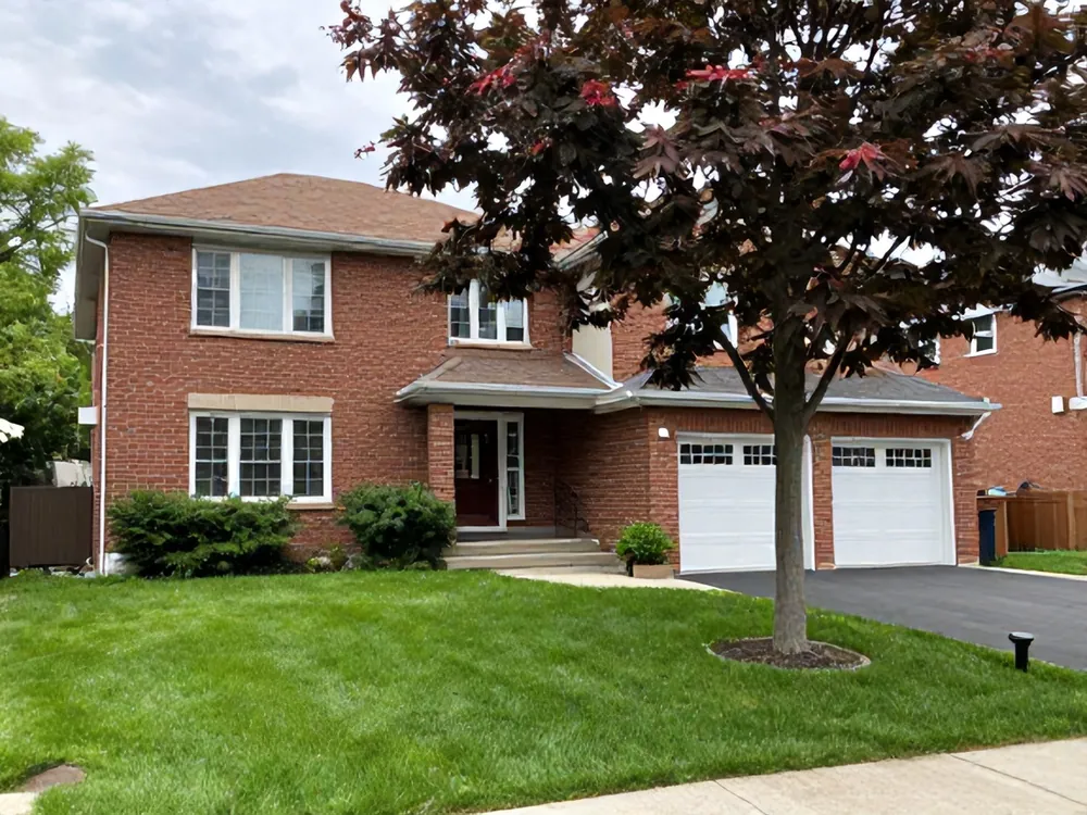 Brick detached family house with a lawn and a maple tree