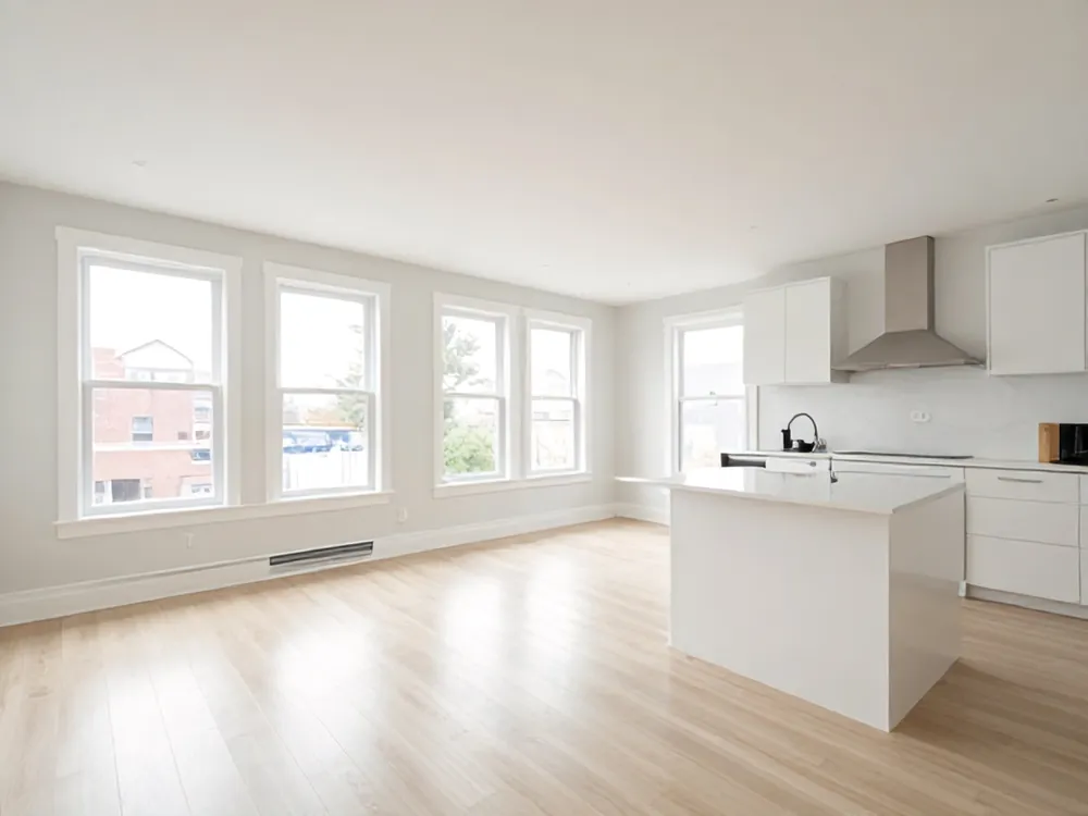 Bright open-plan living room and white kitchen