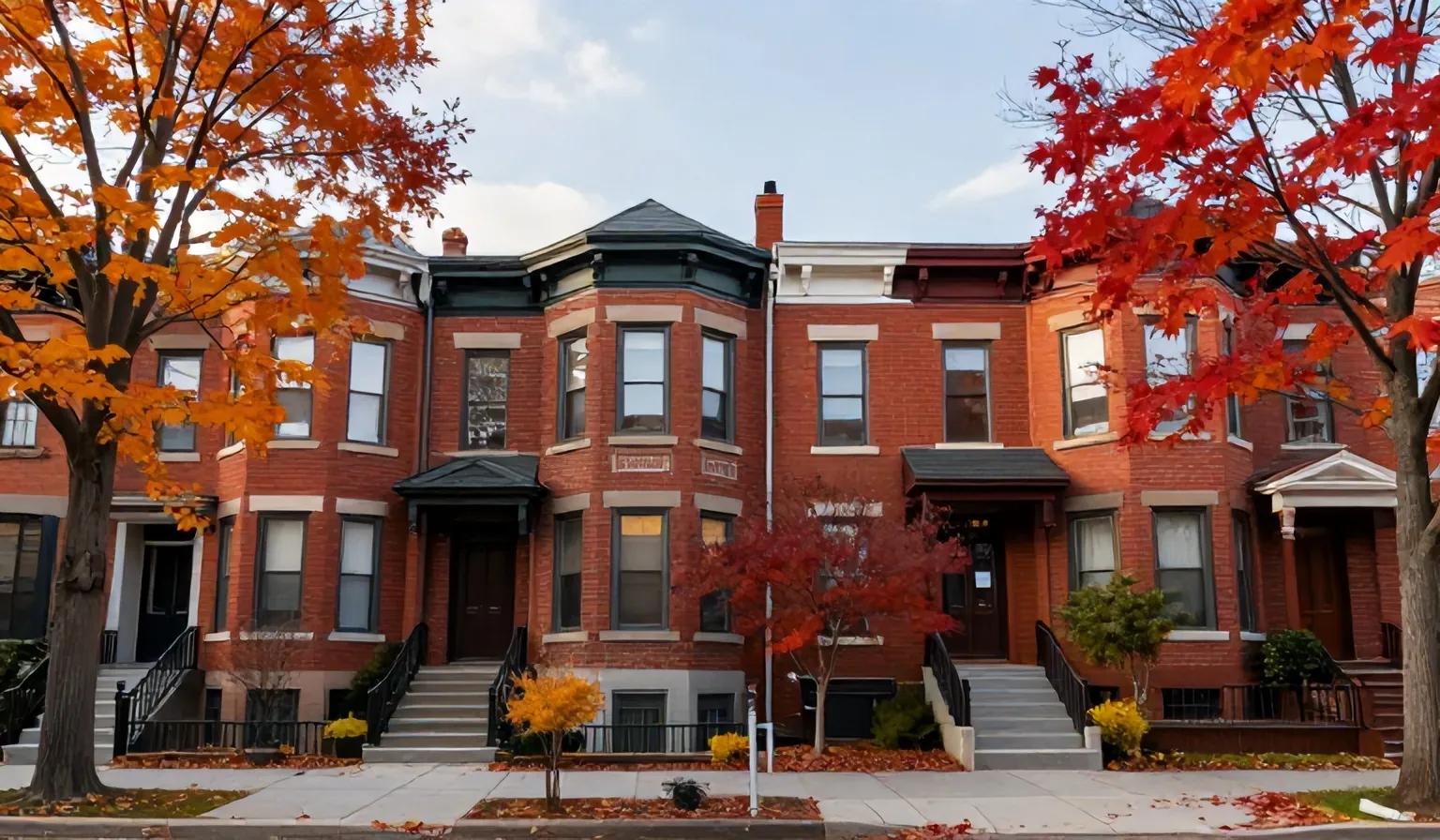 A street of red brick Victorian houses under autumn maple trees