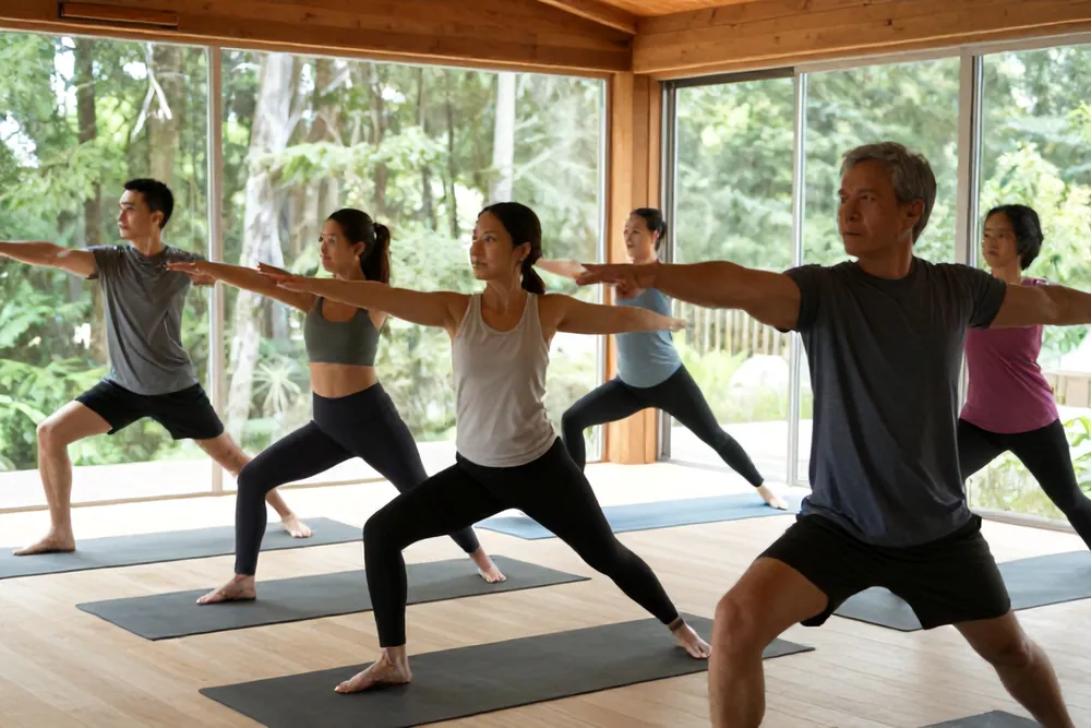 A small class holding warrior pose by the windows