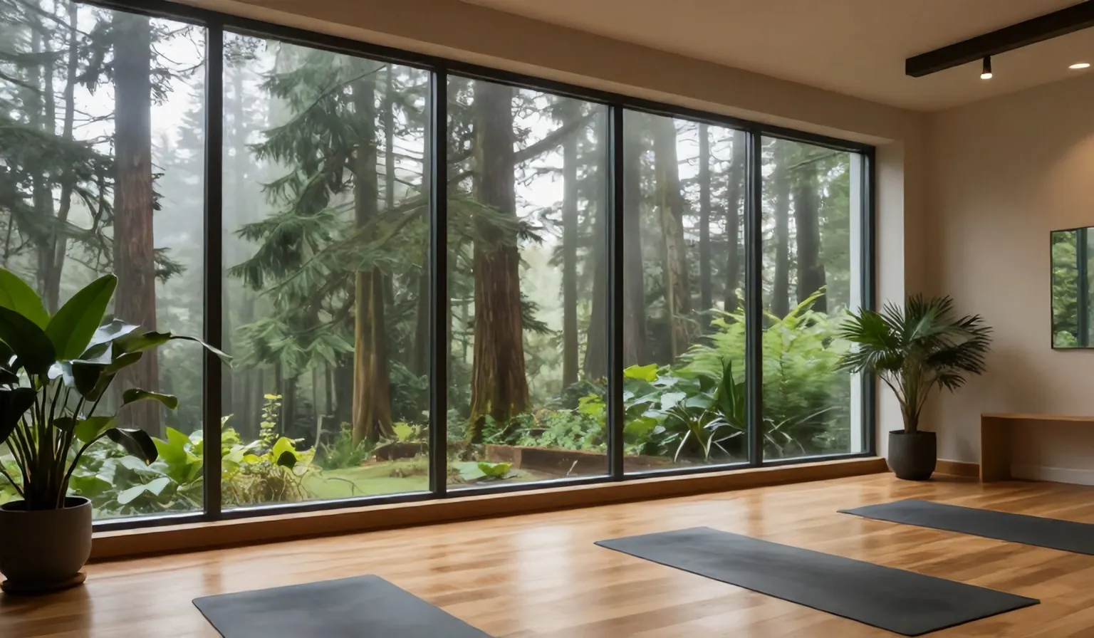 The studio with floor-to-ceiling windows onto tall cedar trees in the mist