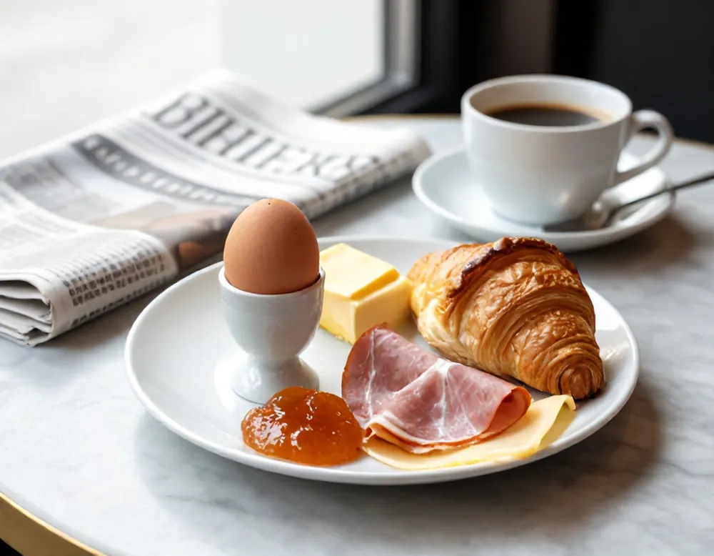 Soft-boiled egg, roll, butter, apricot jam, ham and coffee on a marble table