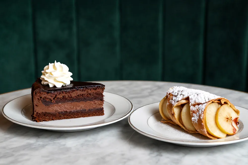 A slice of Sachertorte with cream next to apple strudel
