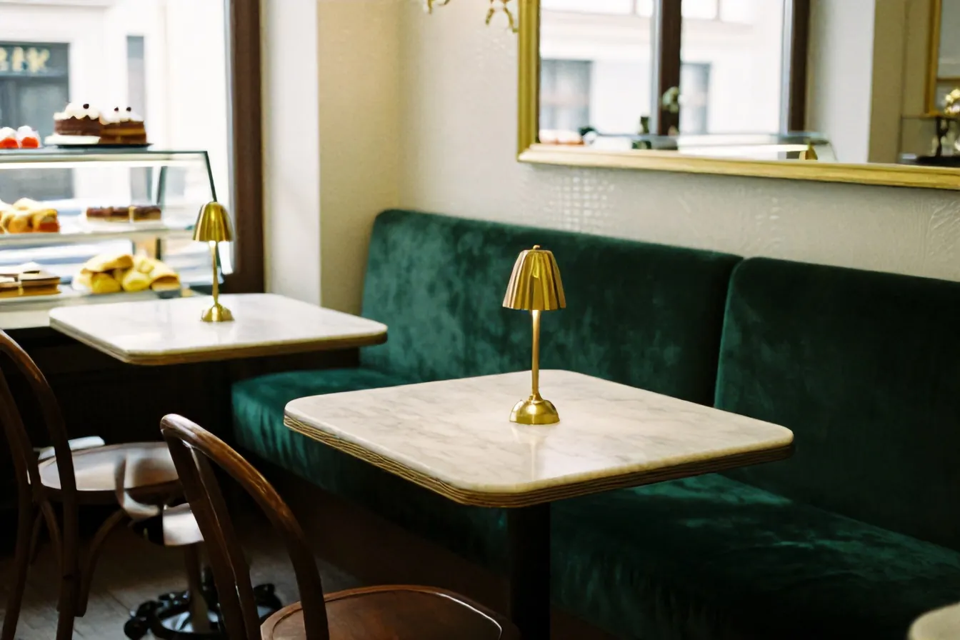 Marble tables, bentwood chairs and green velvet banquettes inside Café Lindgruber