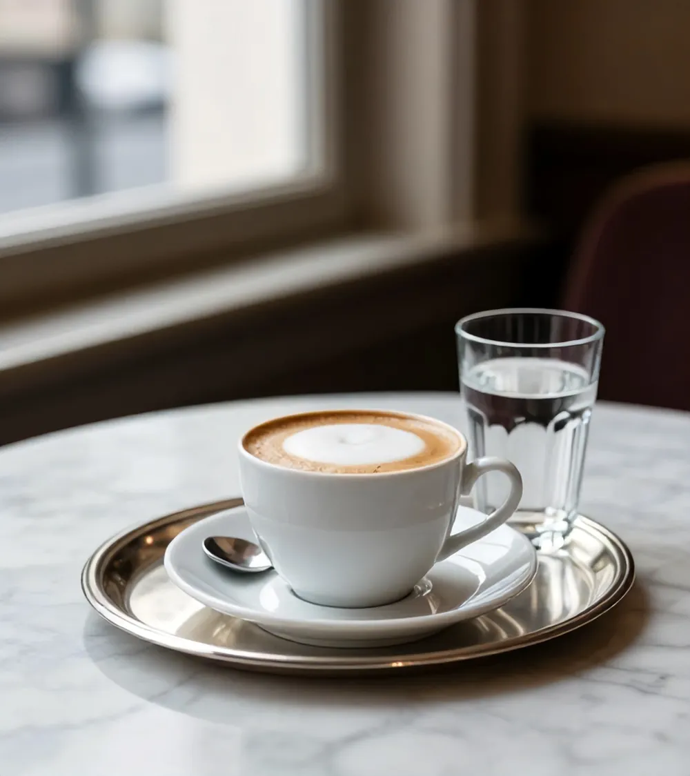 A Wiener Melange on a silver tray with a glass of water